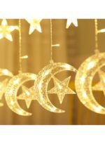 ⁦شريط اضاءة مكون من 138 مصباح LED للتعليق بديكورات مزخرفة على شكل الهلال والنجوم (لون ابيض دافئ، 138.5 متر)⁩ - الصورة ⁦4⁩