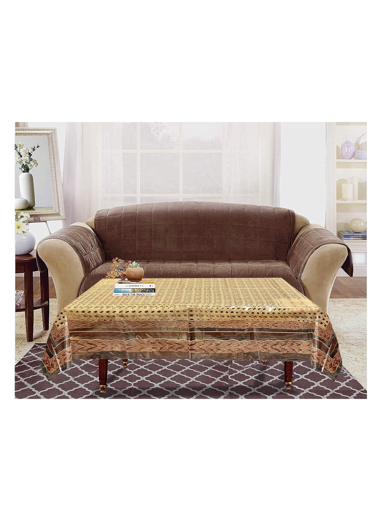 B084H9XQ1WR65-1 غطاء طاولة مركزي من Kuber Industries بتصميم مربعات PVC مقاعد4|مقاوم للماء/الزيت|مقاس 150 × 100 × 1 سم (بني) - - الصورة 1
