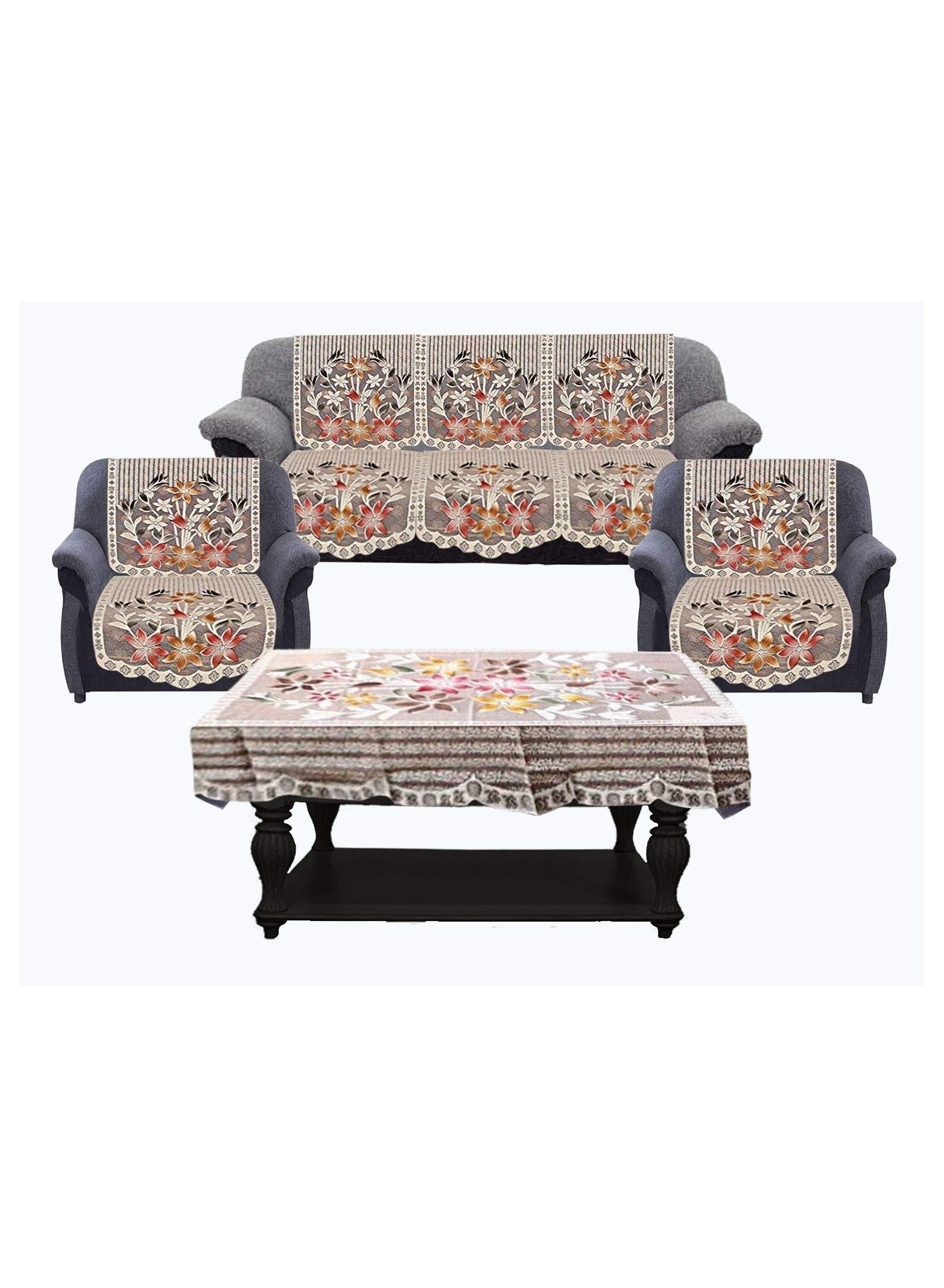 B08H1M2G7JR51-1 مجموعة اغطية ارائك قطنية بتصميم زهور مكونة من 6 قطع، 5 اغطية مقاعد مع غطاء طاولة مركزية من كوبر اندستريز، (لون بني) - الصورة 1